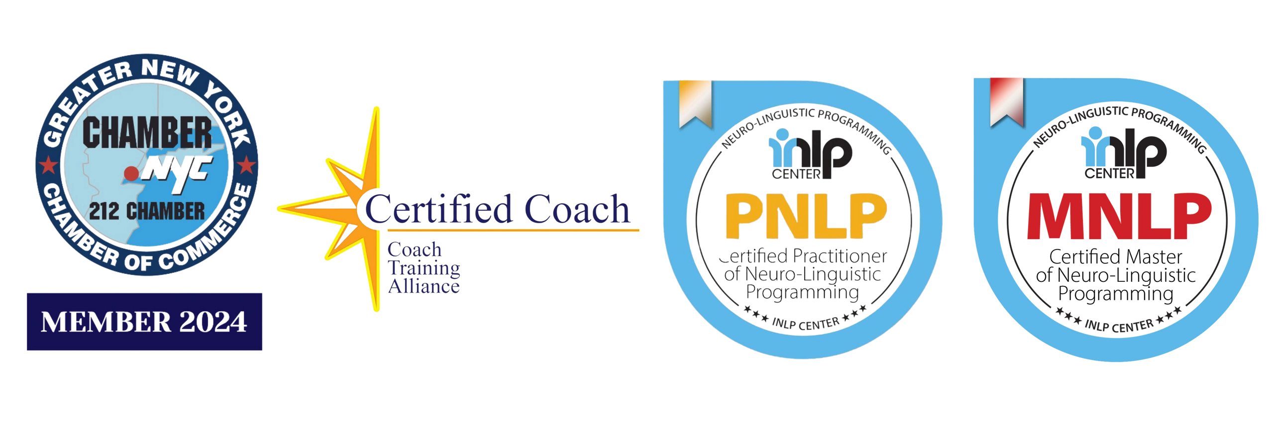 Rohini Bhasin's professional certifications: Greater New York Chamber of Commerce member, Certified Coach from Coach Training Alliance, PNLP and MNLP Neuro-Linguistic Programming certifications